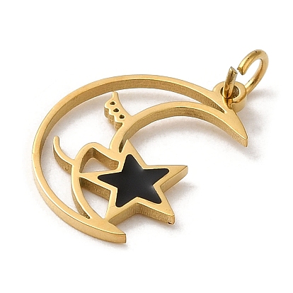 3304 Stainless Steel Charms, with Enamel and Jump Ring, Real 14K Gold Plated, Moon with Star Charm