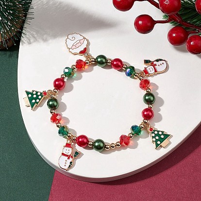 Alloy Enamel Santa Claus Christmas Tree Charm Bracelets, Electroplated Glass Beaded Stretch Bracelets for Women Men