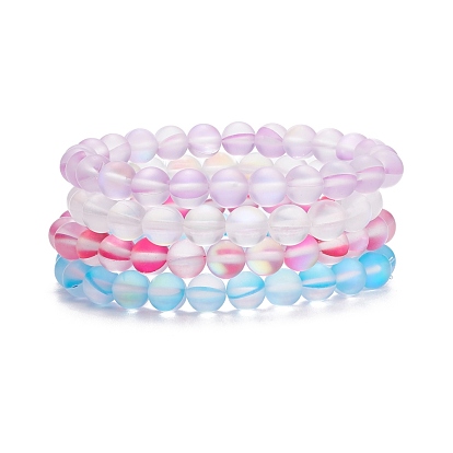 4Pcs 4 Color Synthetic Moonstone Round Beaded Stretch Bracelets Set, Gemstone Jewelry for Women