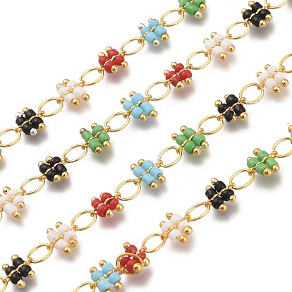 Brass Handmade Beaded Chain, with Seed Beads and Spool, Soldered, Long-lasting Plated