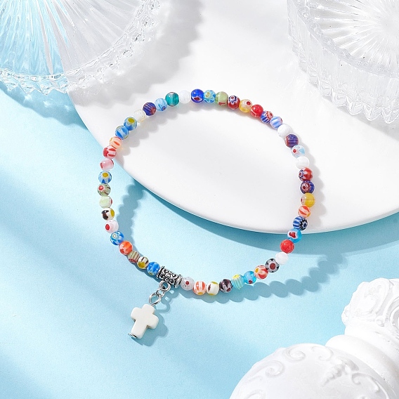 Подвеска-шарм из синтетической бирюзы, окрашенной распылением, браслеты ручной работы из стеклянных бусин миллефиори для женщин, круглый и крест