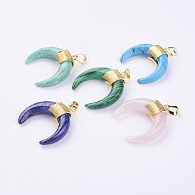 Gemstone Pendants, with Golden Plated Brass Findings, Double Horn/Crescent Moon