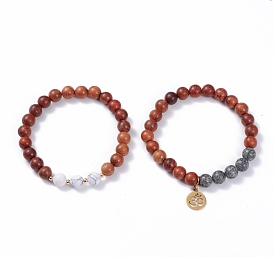 2Pcs 2 Style Natural Sesame Jasper/Kiwi Jasper & Synthetic Howlite & Wood Stretch Bracelets Set with Om Symbol, Gemstone Yoga Jewelry for Women