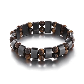 Natural Tiger Eye and Magnetic Synthetic Hematite Beads  Bracelets, Double Layer Stretch Bracelets for Men