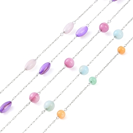304 Stainless Steel & Dyed Shell Handmade Round Beads Chain, Soldered, with Spool, Stainless Steel Color