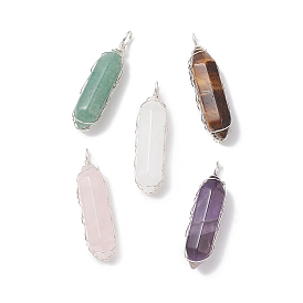 Natural Mixed Gemstone Double Terminal Pointed Pendants, Faceted Bullet Charms with Copper Wire Wrapped