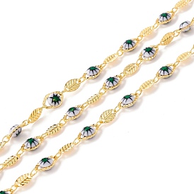 Handmade Brass Link Chains, with Glass Beads with Leaf Pattern, Leaf and Oval, Long-Lasting Plated, Soldered, with Spool, Lead Free & Cadmium Free, Golden