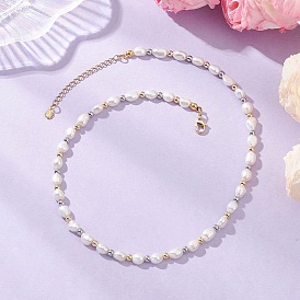 Ожерелья из натурального культивированного пресноводного жемчуга и рисовых бусин, с 304 нержавеющей сталью и латунью, фурнитура, белые