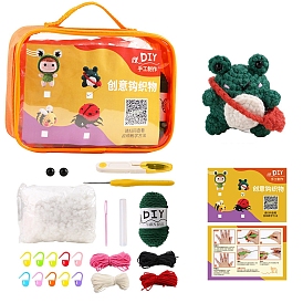 3D Frog Knitting Beginner Kits, including Cotton Filler, Crochet Hook, Stitch Marker, Craft Eye, Yarn, Big Eye Needle, Scissor, Hot Melt Glue Stick, Instruction