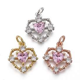 Brass Micro Pave Clear & Pearl Pink Cubic Zirconia Pendants, with Jump Rings, Long-Lasting Plated, Heart
