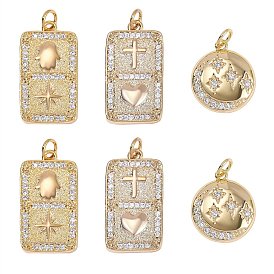 6Pcs 3 Styles Brass Micro Pave Clear Cubic Zirconia Pendants, Nickel Free, with Jump Rings, Mixed Shapes