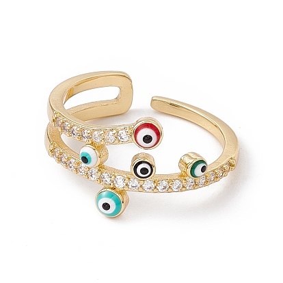 Colorful Enamel Evil Eye Open Cuff Ring with Cubic Zirconia, Rack Plating Brass Jewelry for Women, Cadmium Free & Nickel Free & Lead Free
