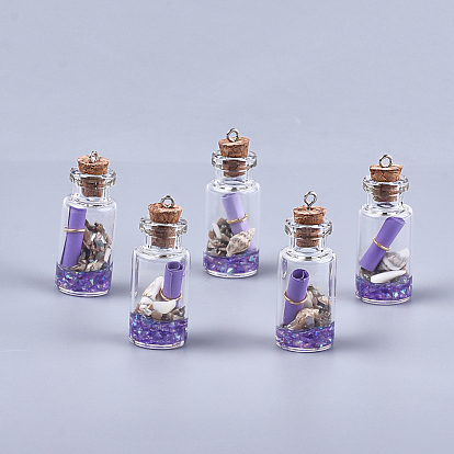 Glass Wishing Bottle Pendant Decorations, with Resin & Paper & Shell, with Cork Stopper and Iron Findings