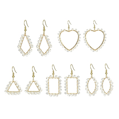 5 Pair 5 Style Brass Geometry Dangle Earrings with Glass Beaded, Triangle & Heart & Kite & Horse Eye & Rectangle