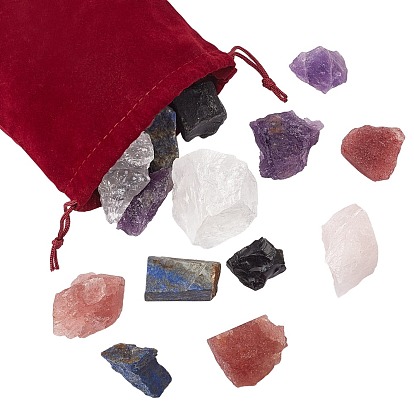6 Kinds Rough Raw Stone, Natural Lapis Lazuli & Amethyst & Obsidian & Strawberry Quartz & Rose Quartz & Quartz Crystal Nuggets Beads, for Tumbling, Decoration, Polishing, Wire Wrapping, Wicca & Reiki Crystal Healing, Undrilled
