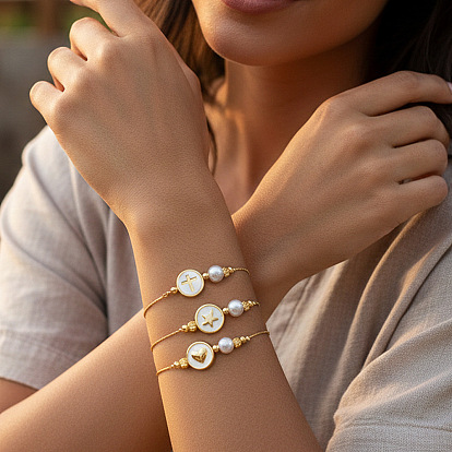 Браслеты из латуни и круглых бусин с имитацией жемчуга, ювелирные изделия из латуни с эмалью для женщин, плоско-круглые