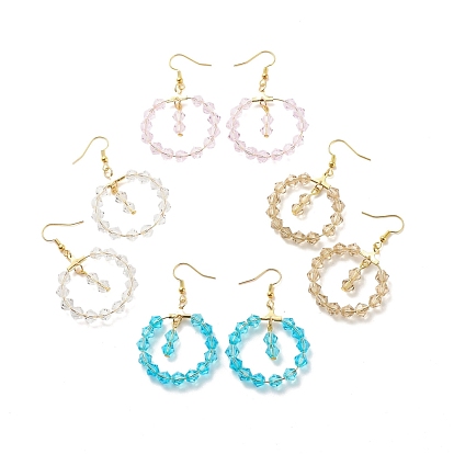 Aretes colgantes con anillo trenzado de vidrio, joyería de alambre de latón chapado en oro para mujer