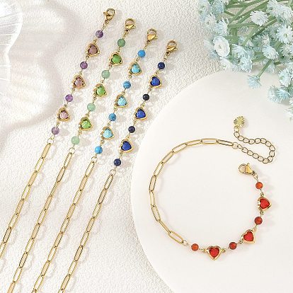 Bracelets à maillons en forme de cœur en verre et pierres précieuses rondes, avec chaînette trombone, or, couleur mixte