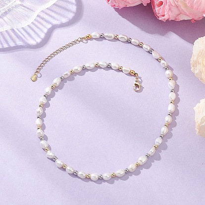 Ожерелья из натурального культивированного пресноводного жемчуга и рисовых бусин, с 304 нержавеющей сталью и латунью, фурнитура, белые
