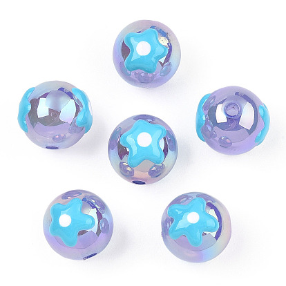 UV Plating Rainbow Iridescent Acrylic Beads, Hand Drawn Beads, with Enamel, Round with Flower