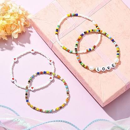 4Pcs 4 Styles Love Theme Glass Seed Beaded Stretch Bracelets Sets, Natural Cultured Freshwater Pearl Beads Bracelets for Women