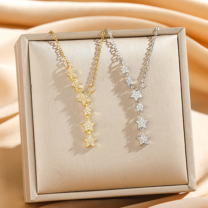 Подвеска в виде звезды из латуни с микропаве из прозрачных кубических цирконий 304 Цепочка из нержавеющей стали для женщин