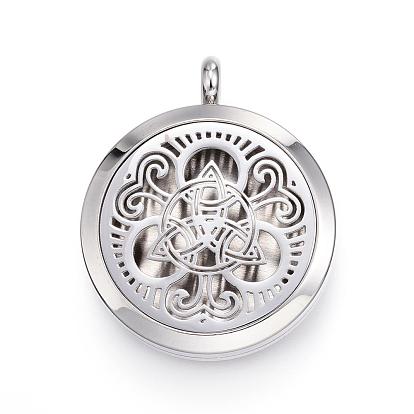 Ion Plating(IP) 316 Surgical Stainless Steel Diffuser Locket Pendants, with Perfume Pad and Magnetic Clasps, Flat Round with Trinity Knot/Triquetra, Irish