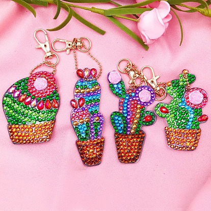 DIY Cactus Keychain Diamond Painting Kits, including Acrylic Board, Alloy Clasps, Resin Rhinestones, Diamond Sticky Pen, Tray Plate and Glue Clay