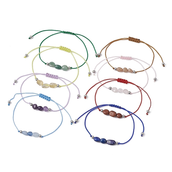 8Pcs 8 Style Natural Mixed Gemstone Nuggets & Pearl Braided Bead Bracelets Set, Nylon Adjustable Bracelets