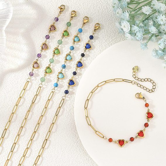 Gemstone Round & Stainless Steel Glass Heart Link Chain Bracelets with Paperclip Chains, Golden, Mixed Color