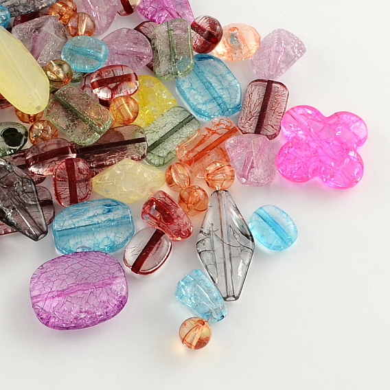 Mixed Crackle Style Transparent Acrylic Beads, 8~31x8~28x3~8mm, Hole: 1~2mm