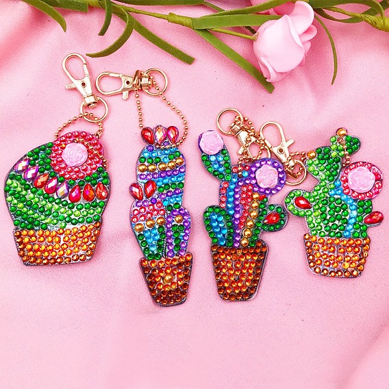 Diy брелок для ключей с кактусом алмазная живопись наборы, включая акриловую доску, Сплав застежками, смола стразы, алмазная липкая ручка, поднос тарелка и клей глина