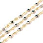 Handmade Brass Link Chains, with Glass Beads with Leaf Pattern, Leaf and Oval, Long-Lasting Plated, Soldered, with Spool, Lead Free & Cadmium Free, Golden