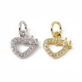 Brass Micro Pave Clear Cubic Zirconia Charms, with Open Jump Rings, Hollow Heart with Crown
