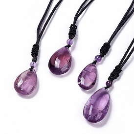 Natural Amethyst Pendant Necklace with Nylon Cord for Women, Teardrop