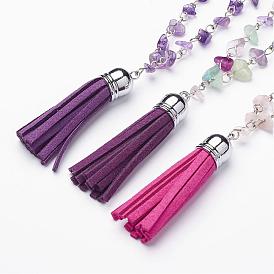 Pendentifs de pierres précieuses, avec pompon en cuir velours, laiton gourmette, platine