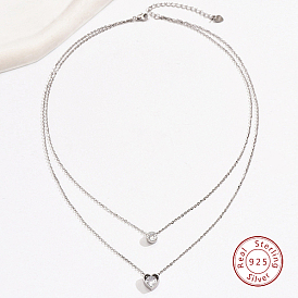 925 Sterling Silver Cable Chains Double Layer Necklaces, with Cubic Zirconia Heart Charms, with S925 Stamp