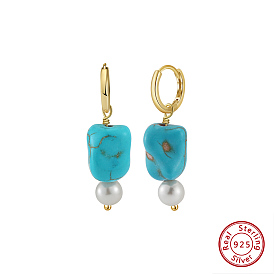 Natural Turquoise Beaded Hoop Earrings, with 925 Sterling Silver Earring Hoop