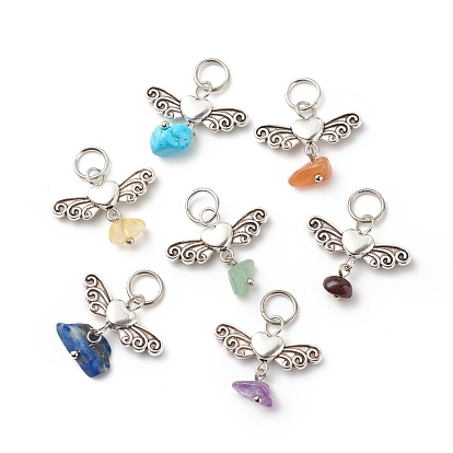 7Pcs 7 Styles Chakra Mixed Stone Chips Alloy Pendants, Natural Green Aventurine & Garnet & Red Aventurine & Lapis Lazuli & Amethyst & Citrine, Synthetic Turquoise, Heart with Wing Charm