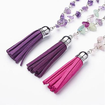 Pendentifs de pierres précieuses, avec pompon en cuir velours, laiton gourmette, platine