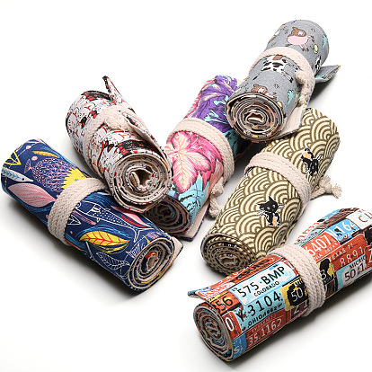 Pattern Handmade Canvas Pencil Roll Wrap, Roll Up Pencil Case for Coloring Pencil Holder