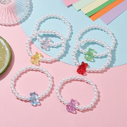 6Pcs 6 Color Acrylic Bear & Imitation Pearl Beaded Stretch Bracelets Set for Children, Stackable Bracelets