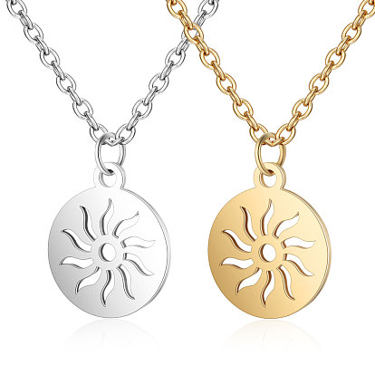201 Stainless Steel Pendants Necklaces, Flat Round with Sun