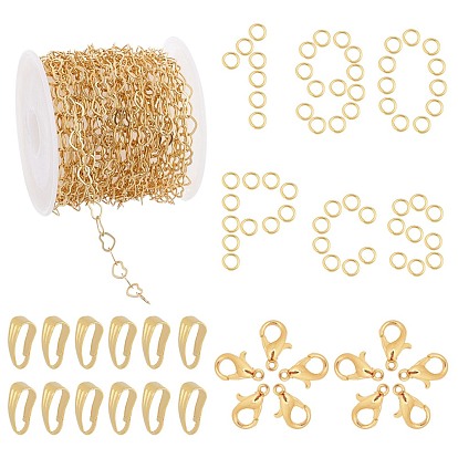Kits de fabrication de bijoux à faire soi-même avec des chaînes à maillons en forme de cœur, y compris 5m chaînes en laiton faites à la main, Fermoir mousqueton, fermoirs de homard en alliage de zinc , anneaux de saut en fer et clipser sur les bails