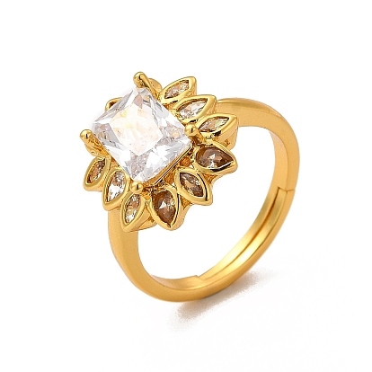 Clear Cubic Zirconia Flower Adjustable Ring, Rack Plating Brass Jewelry for Women, Cadmium Free & Lead Free