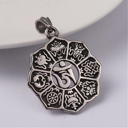 304 Stainless Steel Mantra Pendants, Flat Round with Om Mani Padme Hum, 36x32x2mm, Hole: 7.5x4.5mm