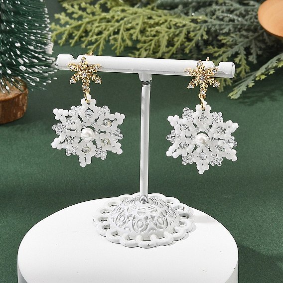 Glass & Shell Pearl Braided Dangle Earrings, Snowflake, Brass Micro Pave Cubic Zirconia Stud Earrings, Golden