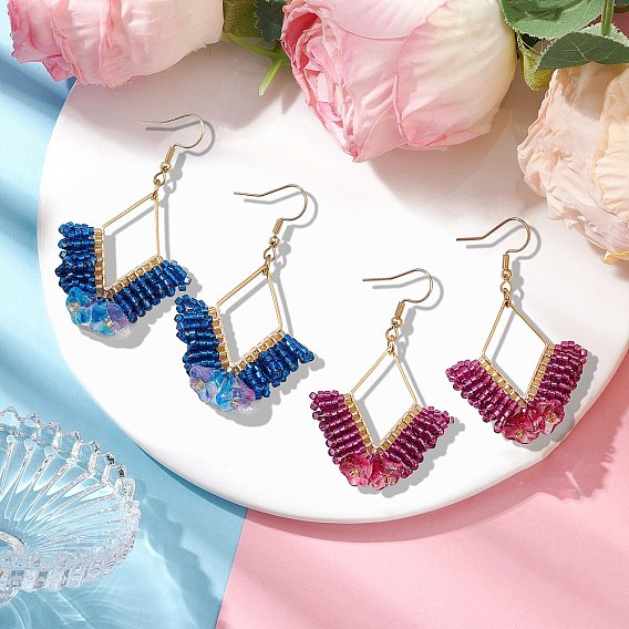 2 Pairs 2 Colors Braided Glass & 201 Stainless Steel Dangle Earrings, Flower Dangle Earrings for Women, Golden