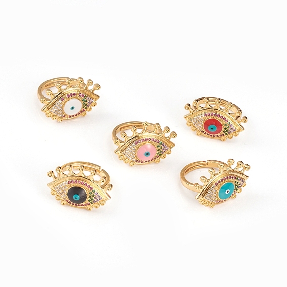 Adjustable Brass Cubic Zirconia Rings, with Enamel, Evil Eye
