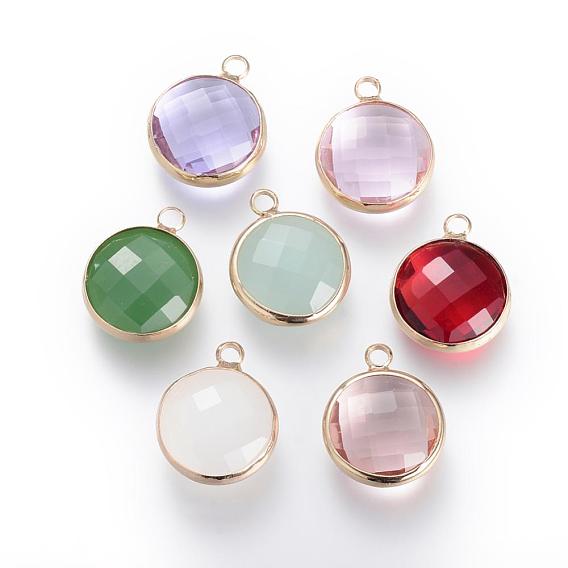 Glass Pendants, with Brass Findings, Faceted, Flat Round